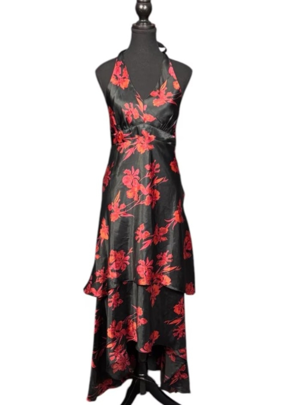 Smart Set Black Halter High-Low Dress with Red Floral Pattern